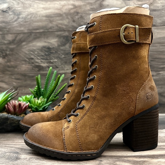 NIB Born Cass Block Heel Lace Up Distressed Suede Ankle Combat Boots Rust - Picture 4 of 13